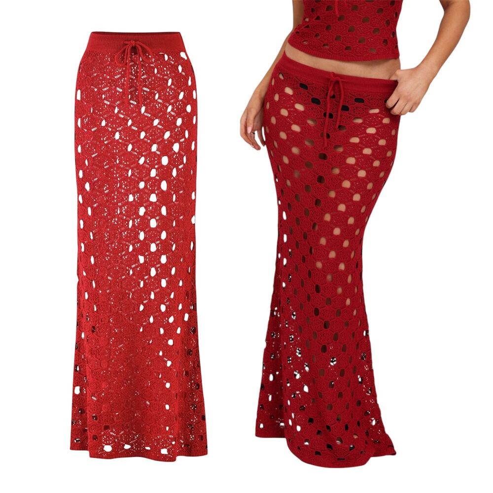 Tiger Mist Kincade Crochet Knit Maxi Skirt Cherry Red Women’s XXS NWT Resortwear